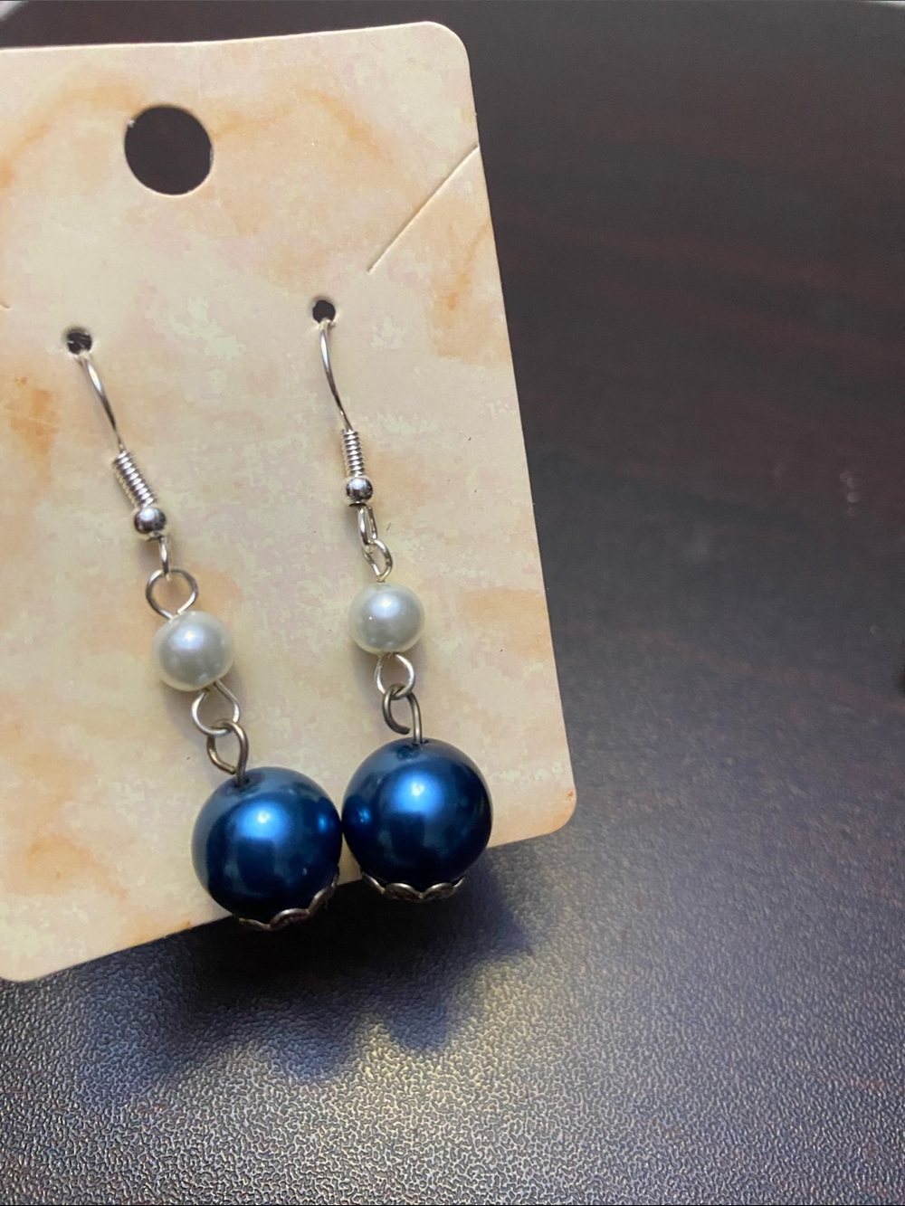 Pearl Drop Earrings with Navy and White Beads